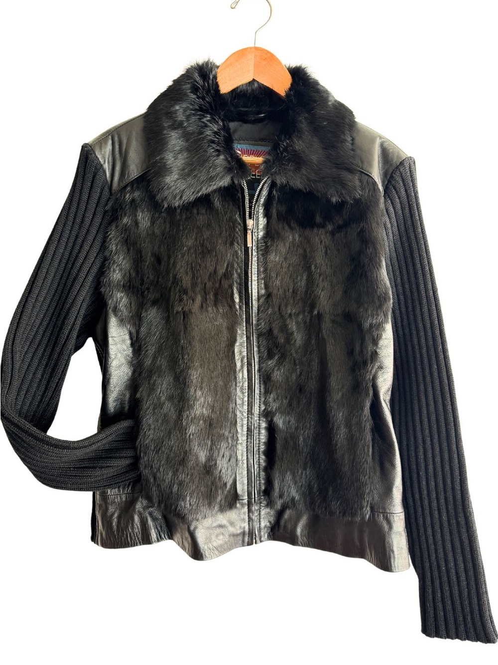 Black Cripple Creek Leather Jacket w/ fur collar & front panels, sweater knit